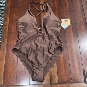 Shade & Shore Brown Halter One-Piece Swimsuit